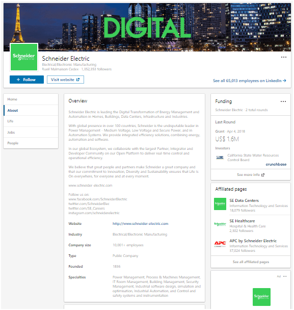 Dê uma olhada na página da empresa do linkedin da schneider electric